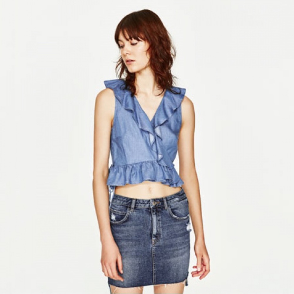 Zara Denim Ruffled Wrap Top
